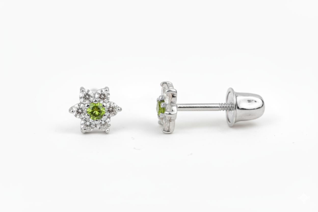 14K White Gold Classic Flower CZ  Stud Earrings for Women