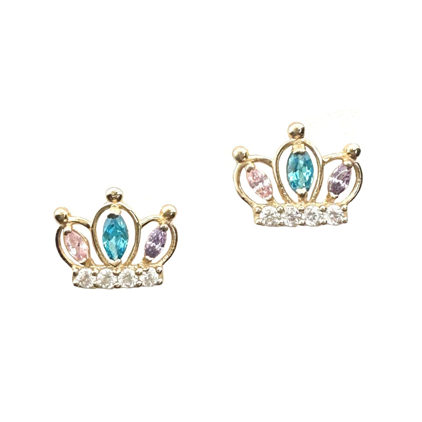 14K Solid Yellow Gold Crown Screw Back CZ Stud Earrings