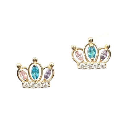14K Solid Yellow Gold Crown Screw Back CZ Stud Earrings