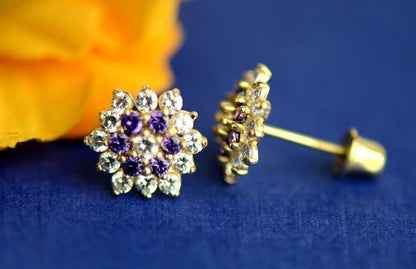 14k Yellow Gold Flower Stud CZ Earrings with screw back