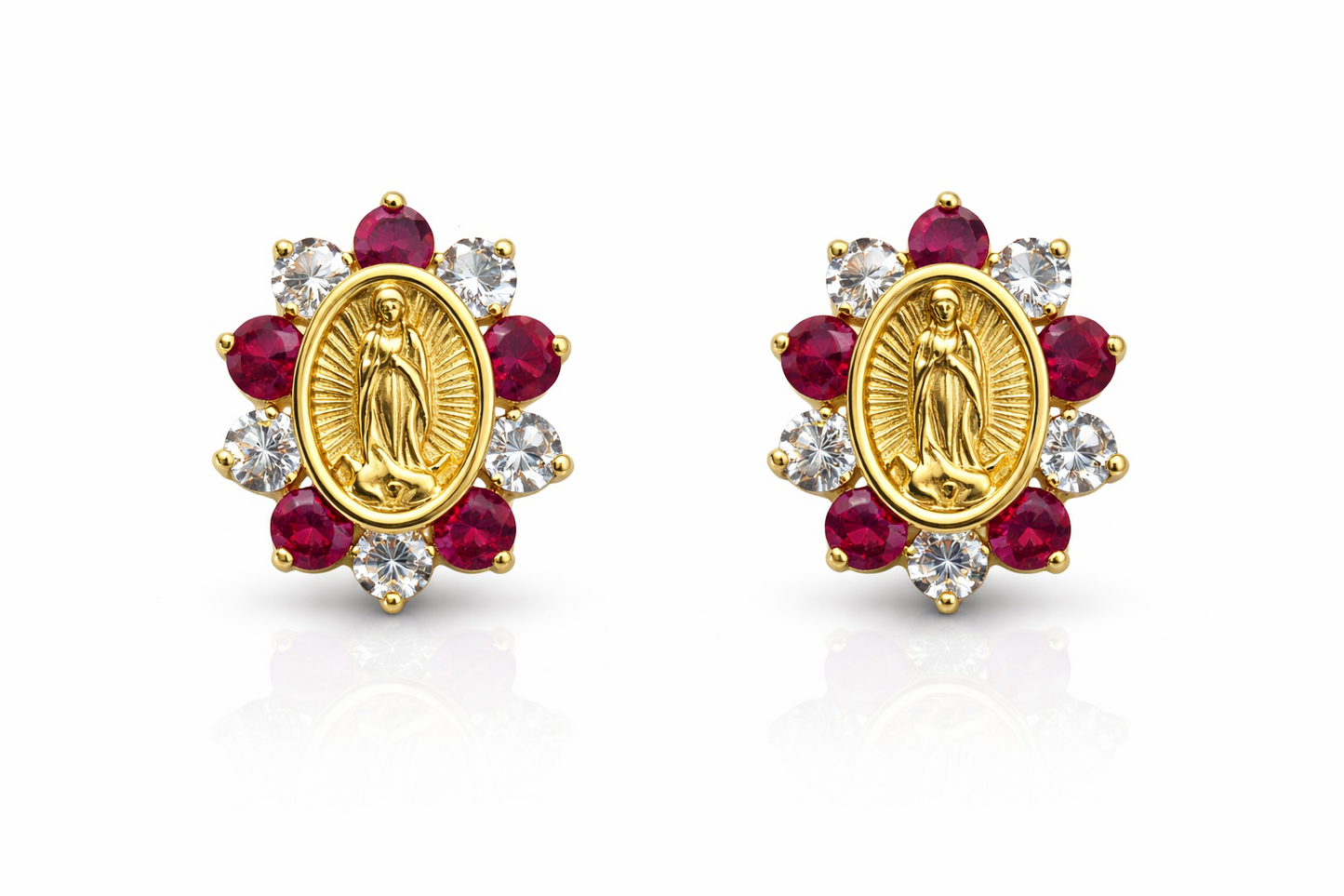 Solid 14K Yellow Gold Guadalupe Virgin Mary Screw Back CZ Stud Earrings