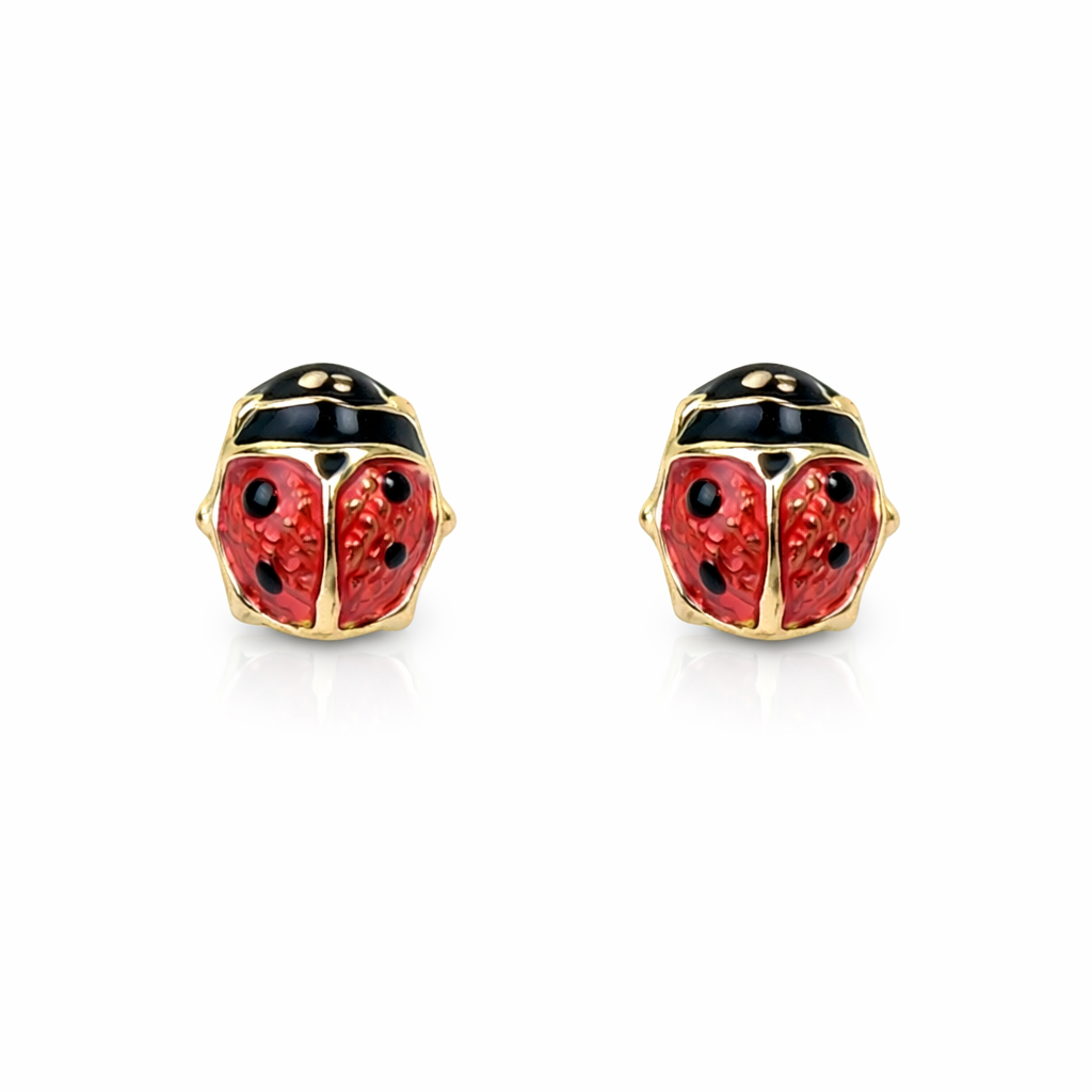 14k Yellow Gold Red and Black Enamel Lady Bug Baby earrings with Screw Back