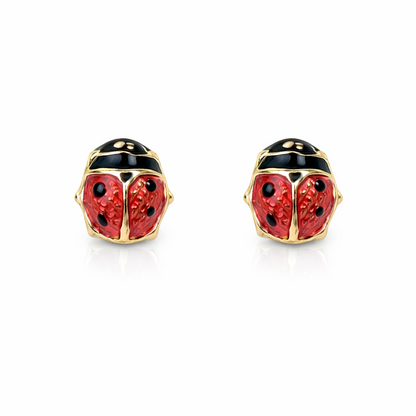 14k Yellow Gold Red and Black Enamel Lady Bug Baby earrings with Screw Back
