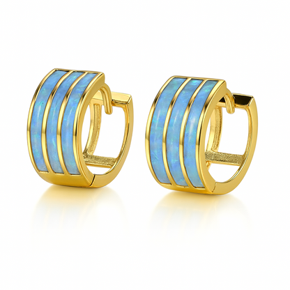 14k Yellow Gold Triple Row Light Blue Opal Huggie Hoop Earrings