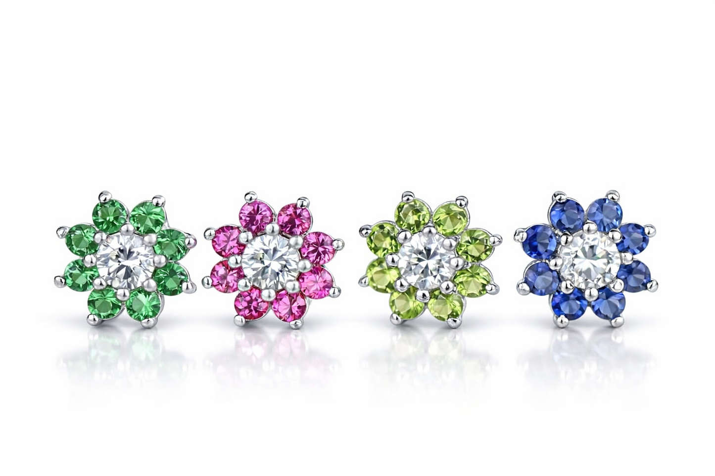 14k White Gold Flower Colored CZ Earrings