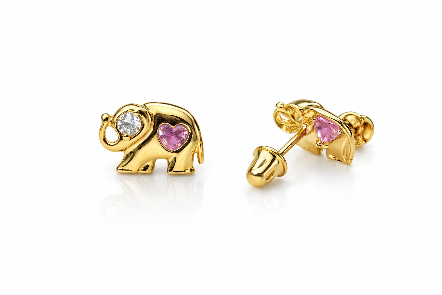14k Yellow Gold Elephant CZ Heart Stud Earrings Screwback