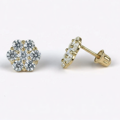 14K Yellow Gold Beautiful Flower CZ Stud Earrings for Women