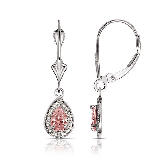 14k White Gold Halo CZ Tear Drop Dangle Leverback Earrings