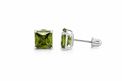 14K Solid White Gold Square Princess Cut CZ Birthstone Stud Earrings All Size