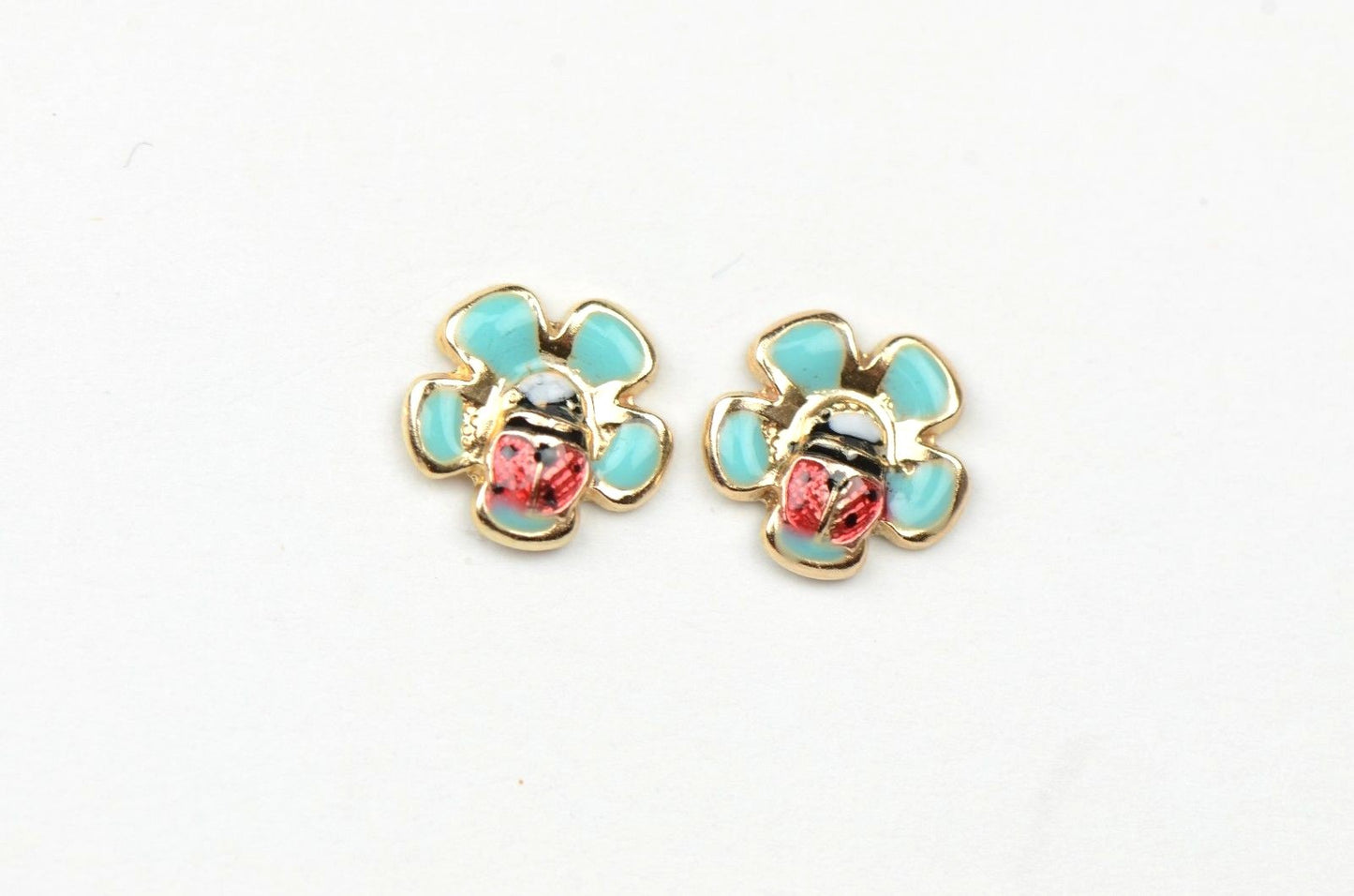 14k Yellow Gold Baby Enamel Flower earrings, Screw Back