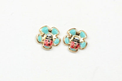 14k Yellow Gold Baby Enamel Flower earrings, Screw Back