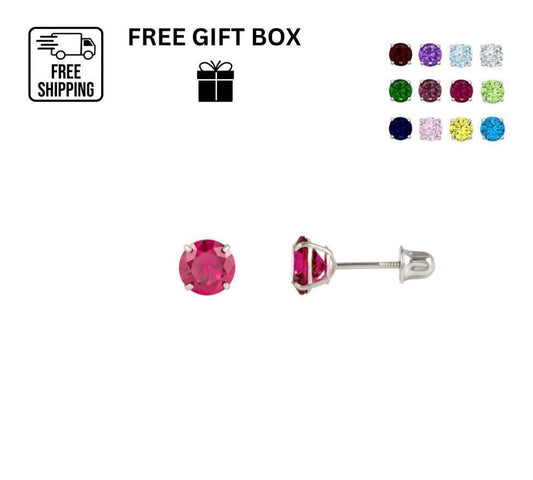 14K Solid White Gold 3mm Round Birthstone Stud Earrings with screw back