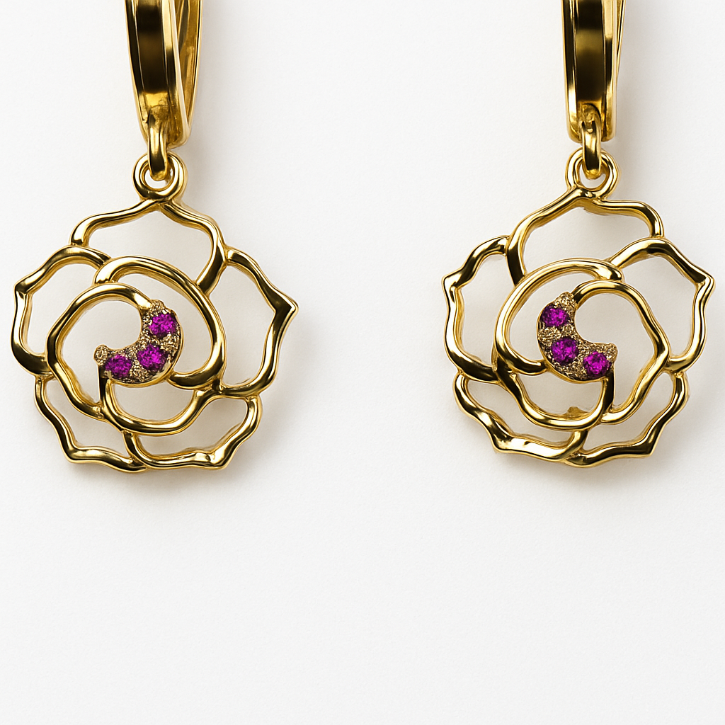 14k Yellow / White Gold Dangle CZ Flower Huggie Earrings
