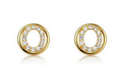 14k Yellow or White Gold Round Initial Letters CZ Stud Earrings