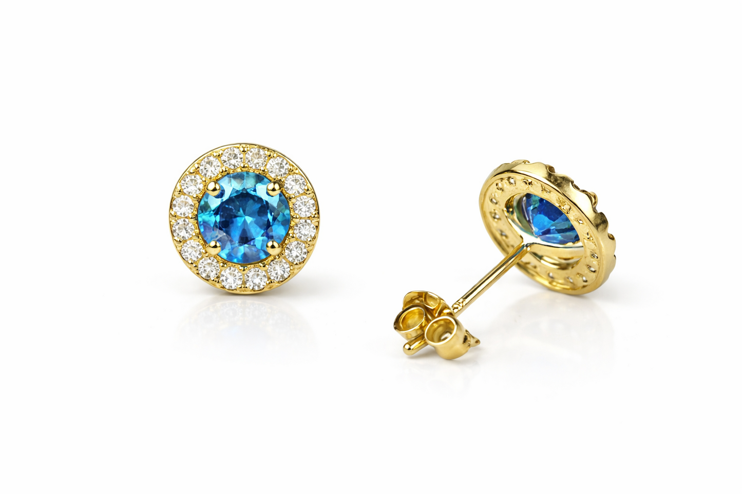 14k Yellow Gold Halo Stud Earrings with Push Back