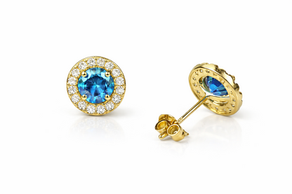 14k Yellow Gold Halo Stud Earrings with Push Back