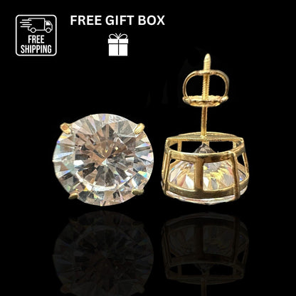 14k Heavy Basket Yellow Gold Round AAA Quality CZ Stud with Screw Back