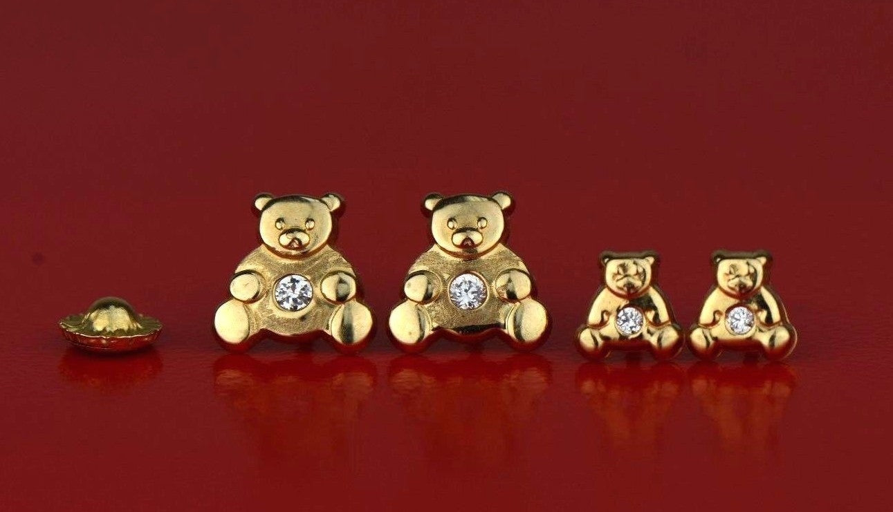 14k Yellow Gold CZ Bear Stud Earrings