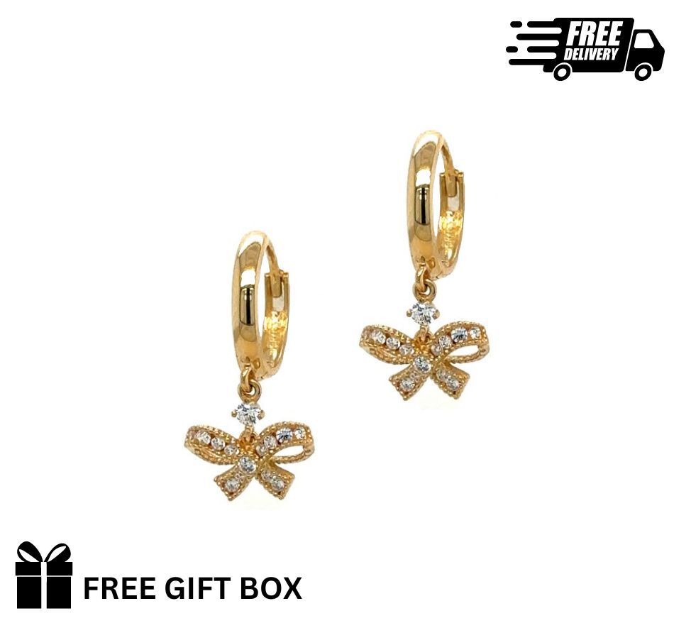 14k Yellow Gold Dangle Bow Hoop Huggie Earrings