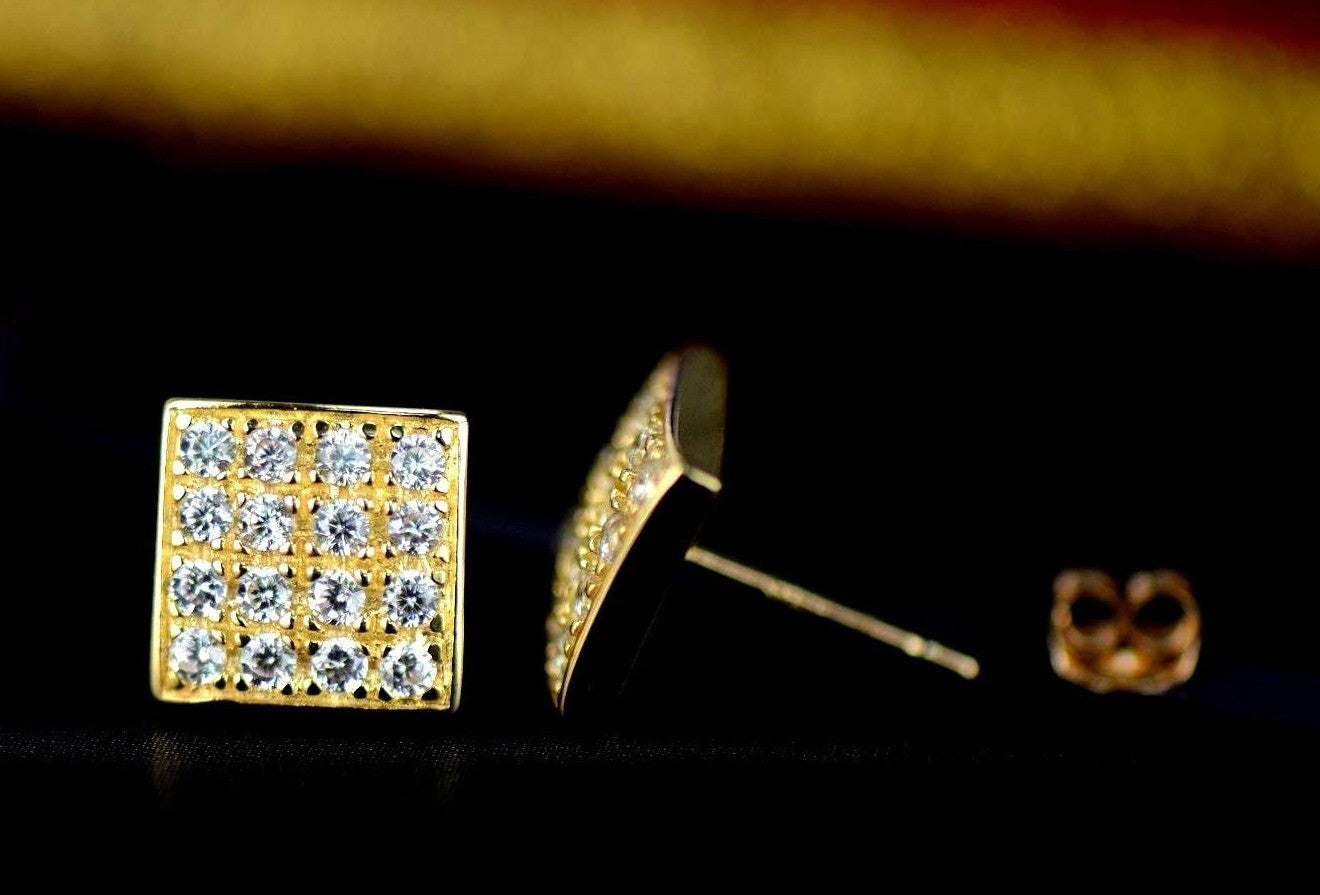 14K Yellow or White Gold Fancy Square CZ Stud Earrings