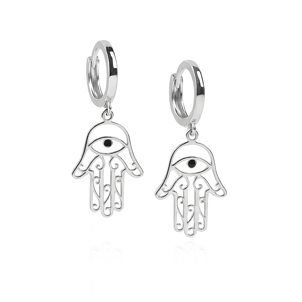 14k Yellow / White Gold Dangle Hamsa Huggie Earrings