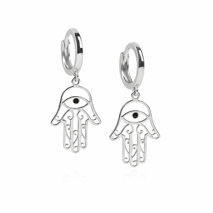 14k Yellow / White Gold Dangle Hamsa Huggie Earrings