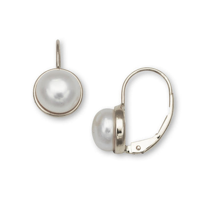 14K Yellow & White Gold White Button Freshwater Cultured Pearl Leverback Earring