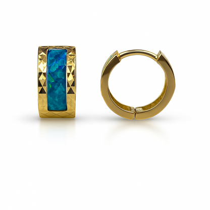 14k Yellow Gold Dark Green Opal Huggie Hoop Earrings