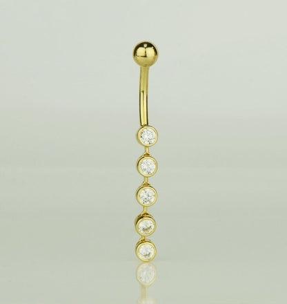 14k Yellow or White Gold Belly Button Dangle CZ Bezel Barbel Bar Ring