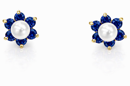 14k Yellow or White Gold Flower CZ Stud Earrings White Pearl with Screw Back