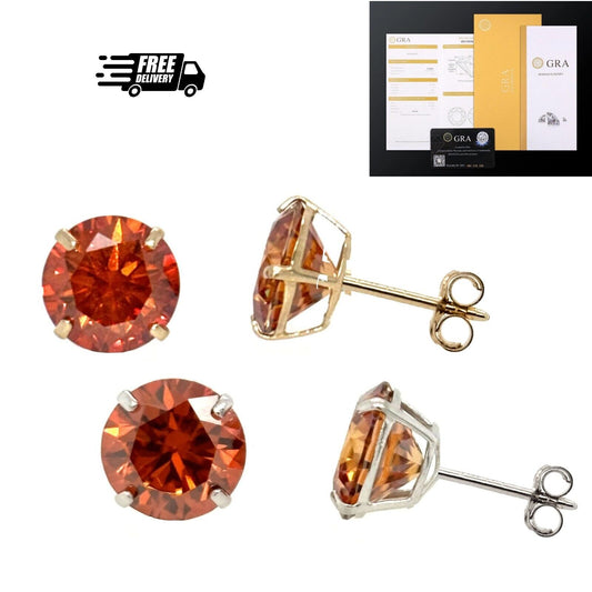 14K Gold GRA Certified D-VVS1 Round Orange Moissanite Push Back Studs Earrings