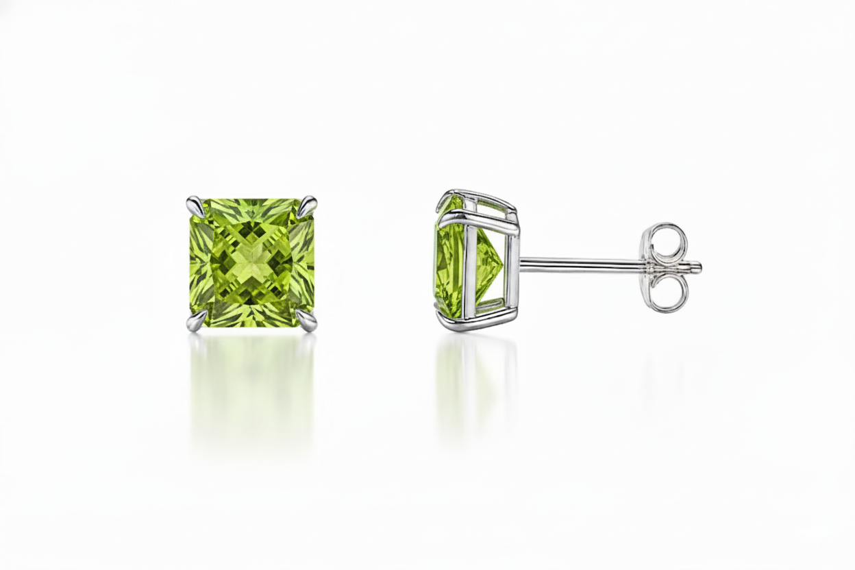 14k White Gold Solid Square Princess Cut Birthstone 6MM CZ Stud Earrings