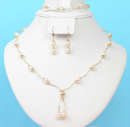14k Yellow Gold Genuine White Pearls 3pcs Women Set:Necklace, Bracelet, Earrings