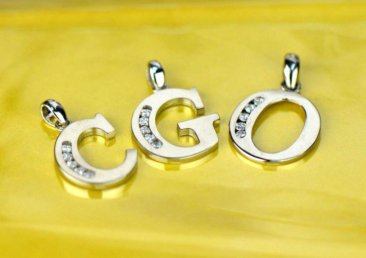14k Solid White Gold Initial Letter CZ Pendant