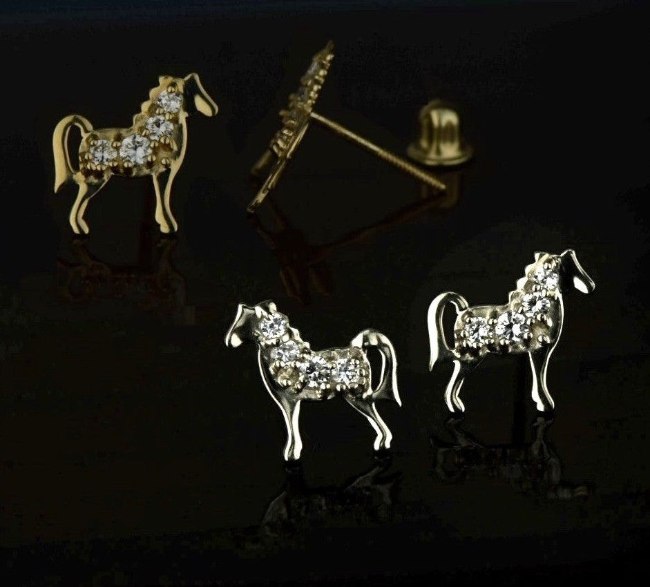 14k Yellow or White Gold Horse CZ  Stud Earrings