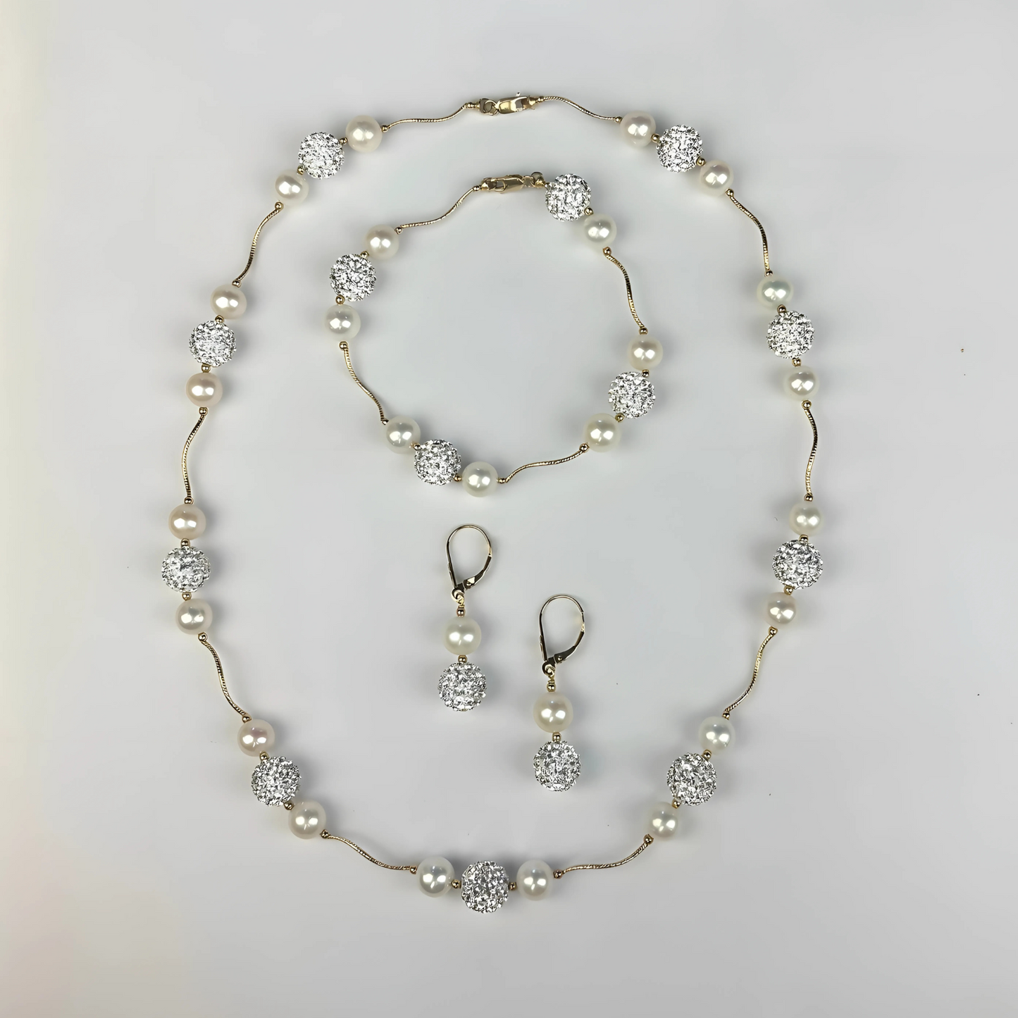 14K Yellow Gold Gorgeous Freshwater Pearl Set with Czech Crystal for Women