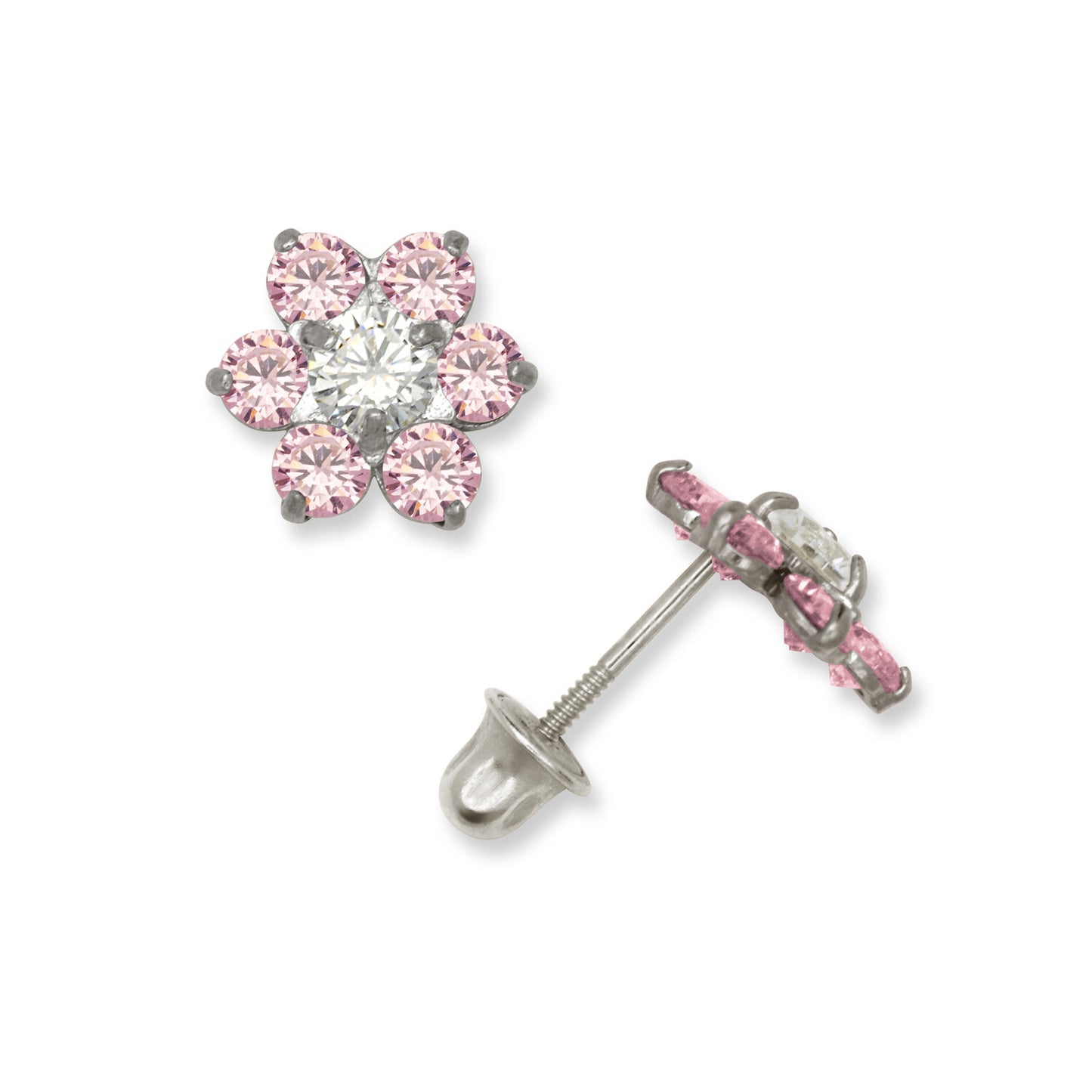 14k White Gold CZ Flower Birthstone Stud Screw Back Earrings
