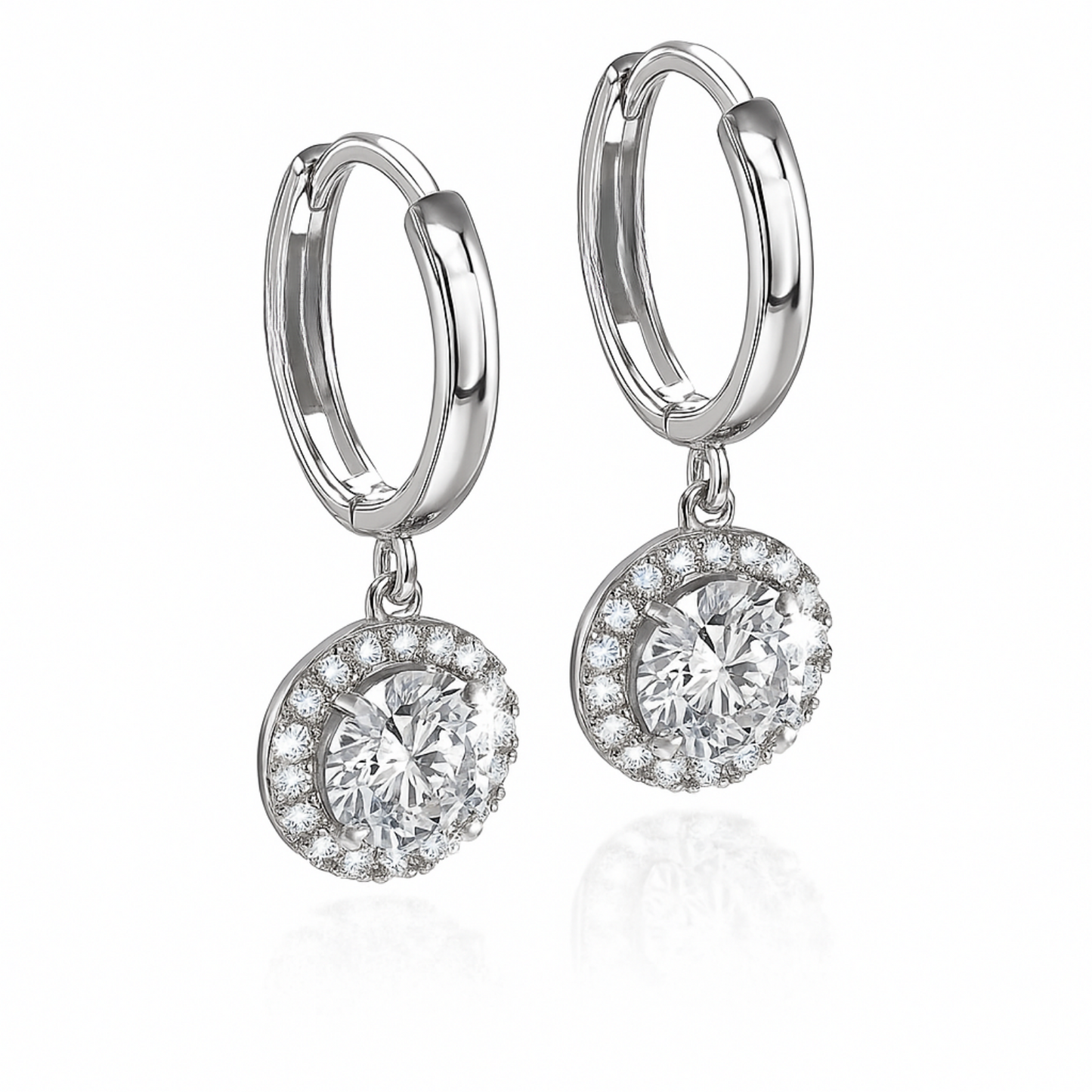 14k White Gold Halo Round Shaped pretty Birthstone Huggie Earrings for Women