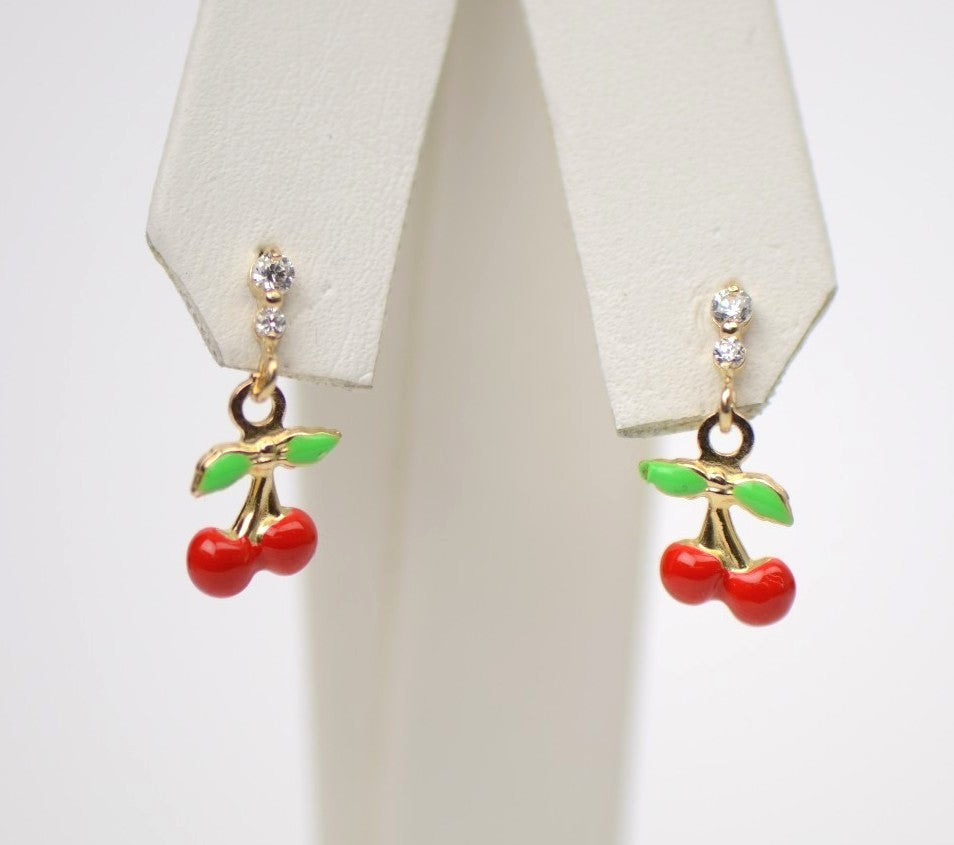 14K Solid Yellow Gold Cherry Enamel CZ Dangle Earrings