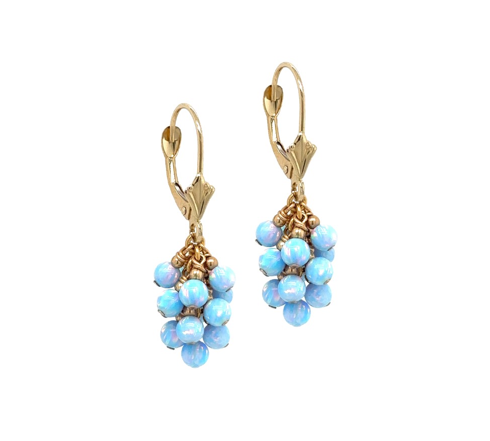 14k Yellow Gold Dangle Light Blue Opal Grape Leverback Earrings