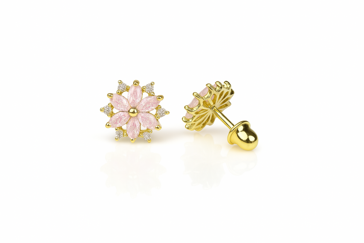 14K  Yellow Gold Beautiful CZ Flower Stud Earrings for Women