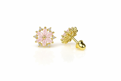 14K  Yellow Gold Beautiful CZ Flower Stud Earrings for Women