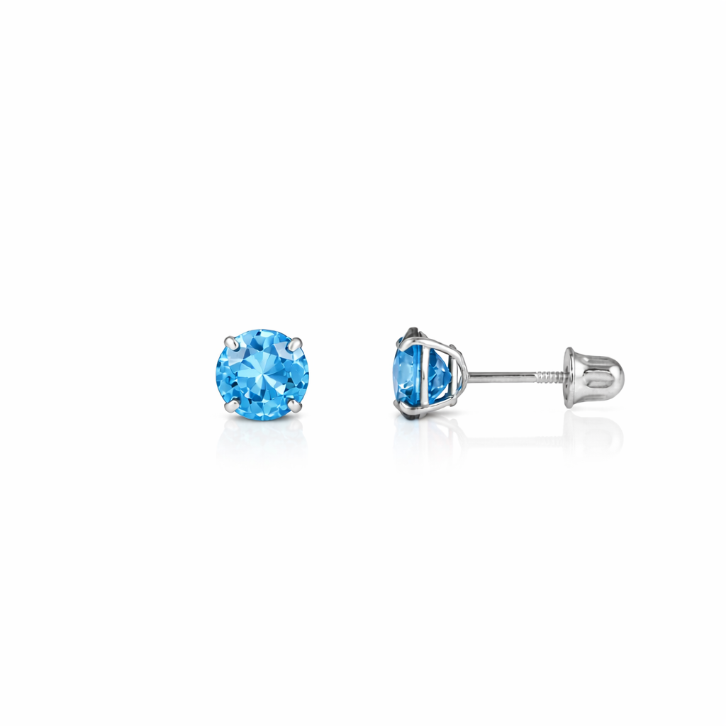 14K Solid White Gold 3mm Round Birthstone Stud Earrings with screw back