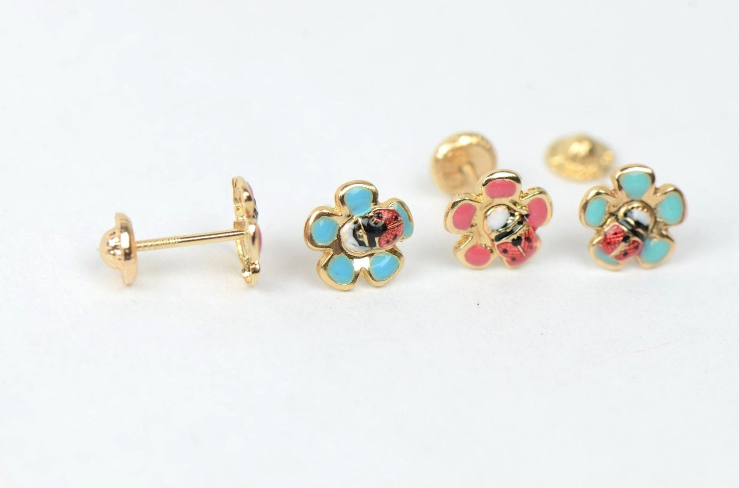 14k Yellow Gold Baby Enamel Flower earrings, Screw Back