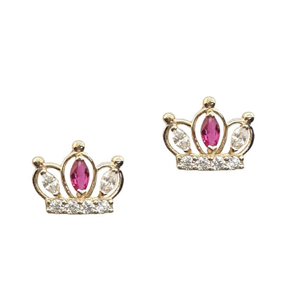 14K Solid Yellow Gold Crown Screw Back CZ Stud Earrings