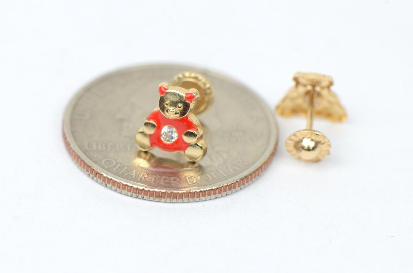 14k Yellow Gold Baby Enamel CZ Teddy Bear earrings, Screw Back