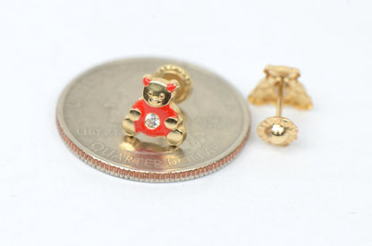 14k Yellow Gold Baby Enamel CZ Teddy Bear earrings, Screw Back