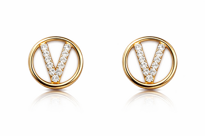 14k Yellow or White Gold Round Initial Letters CZ Stud Earrings