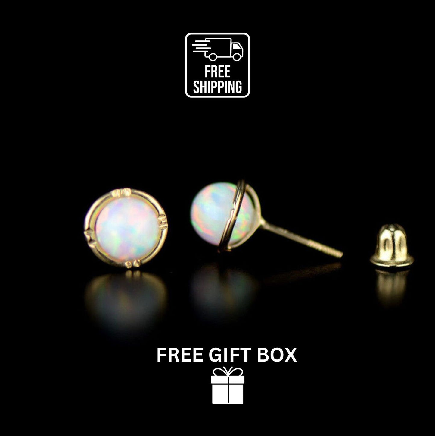14k Yellow Gold Round Opal Stud Earrings/ Screw Back