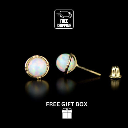14k Yellow Gold Round Opal Stud Earrings/ Screw Back